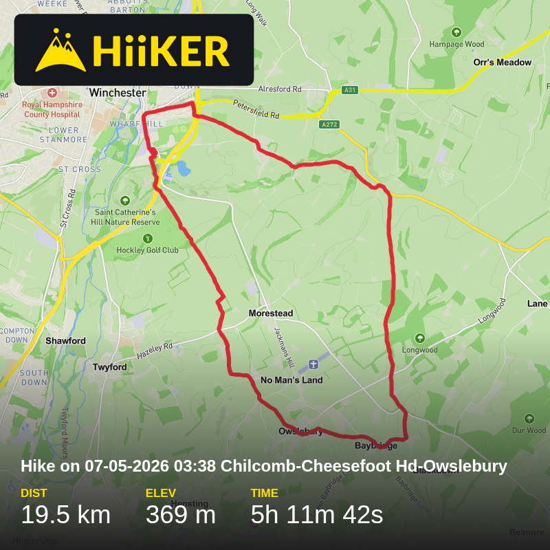 A map preview of the recording Hike on 07-05-2026 03:38 Chilcomb-Cheesefoot Hd-Owslebury.