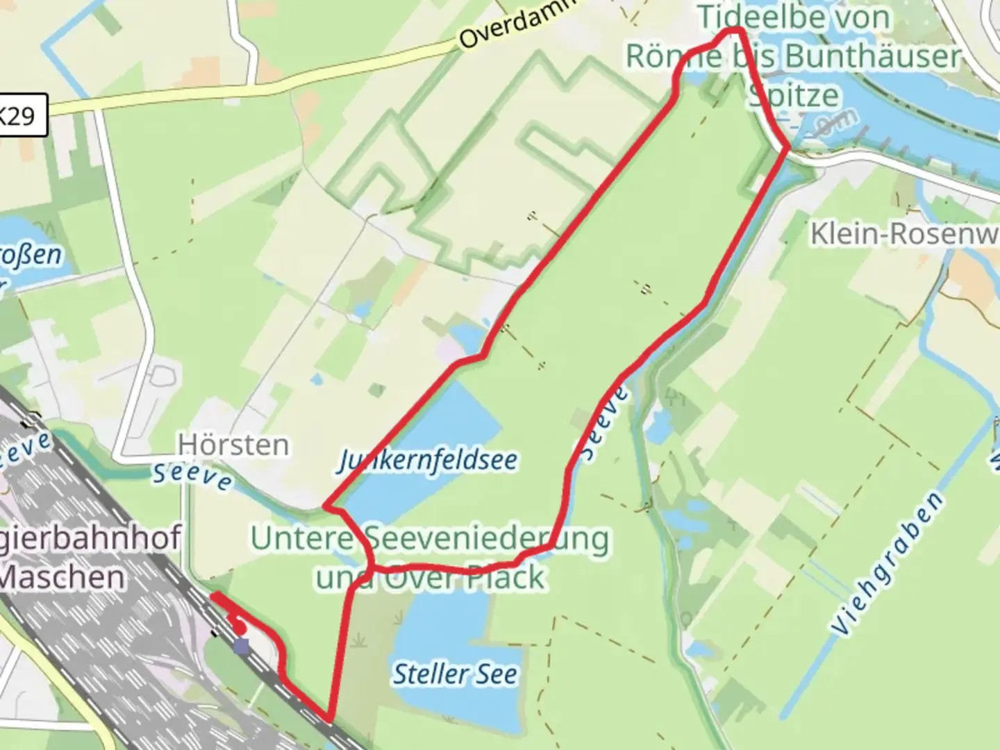 An image depicting the trail Steller See to Junkernfeldsee and Seeve Loop and its surrounding area.
