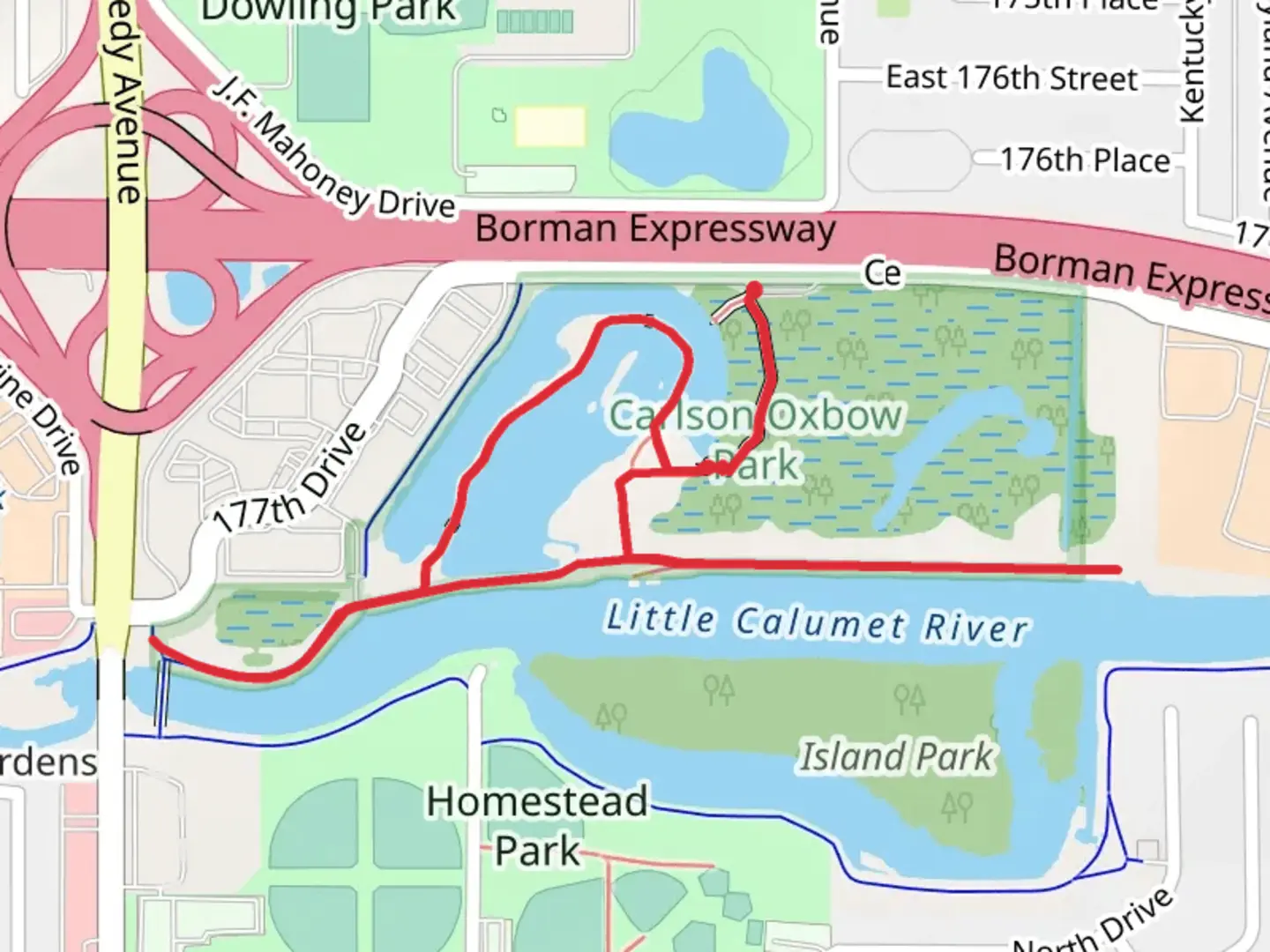 An image depicting the trail Carlson Oxbow Park and Oxbow Park Lagoon Loop and its surrounding area.