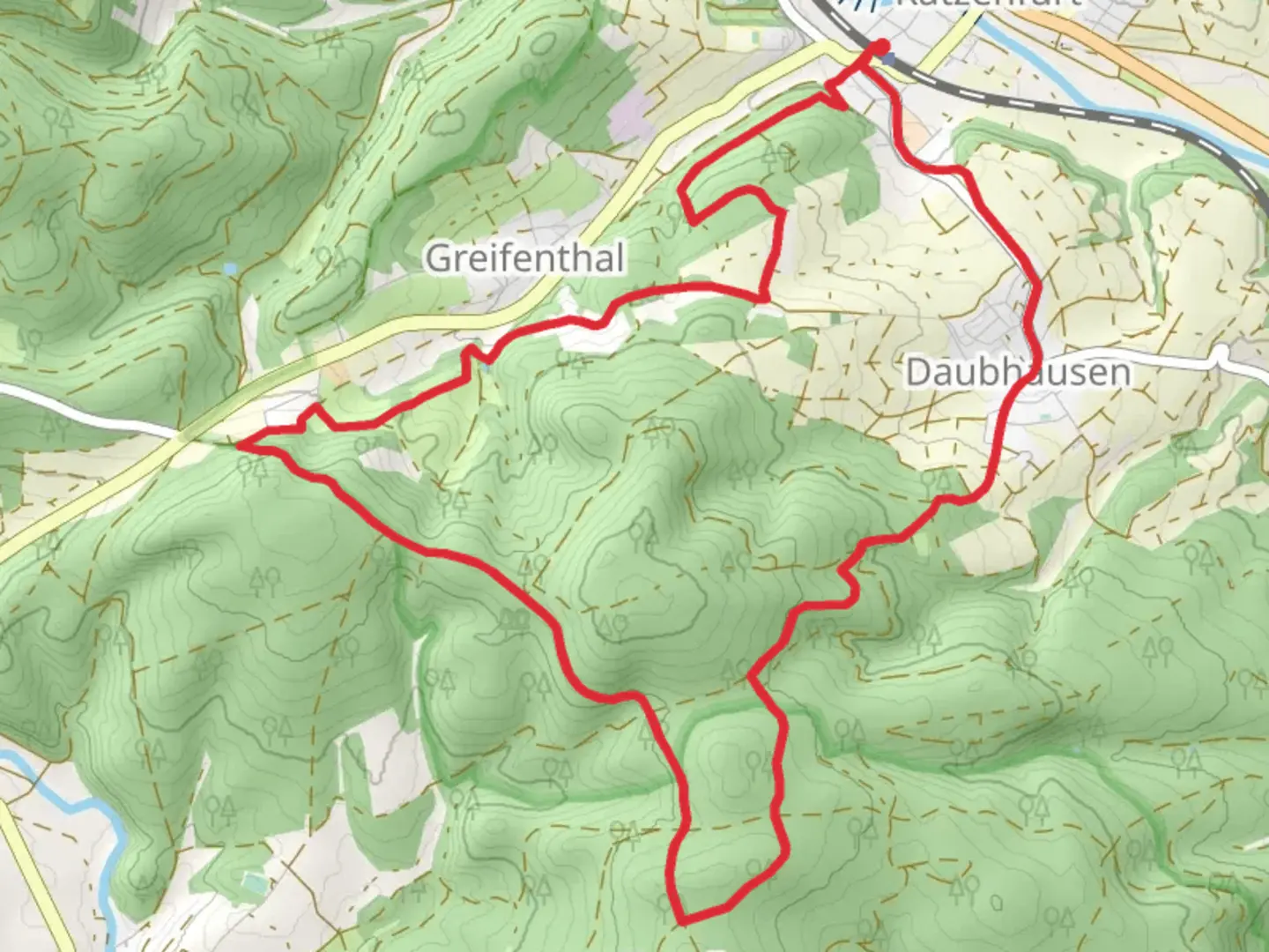 An image depicting the trail Rundweg durch die Birken and Dillhoehenweg and its surrounding area.