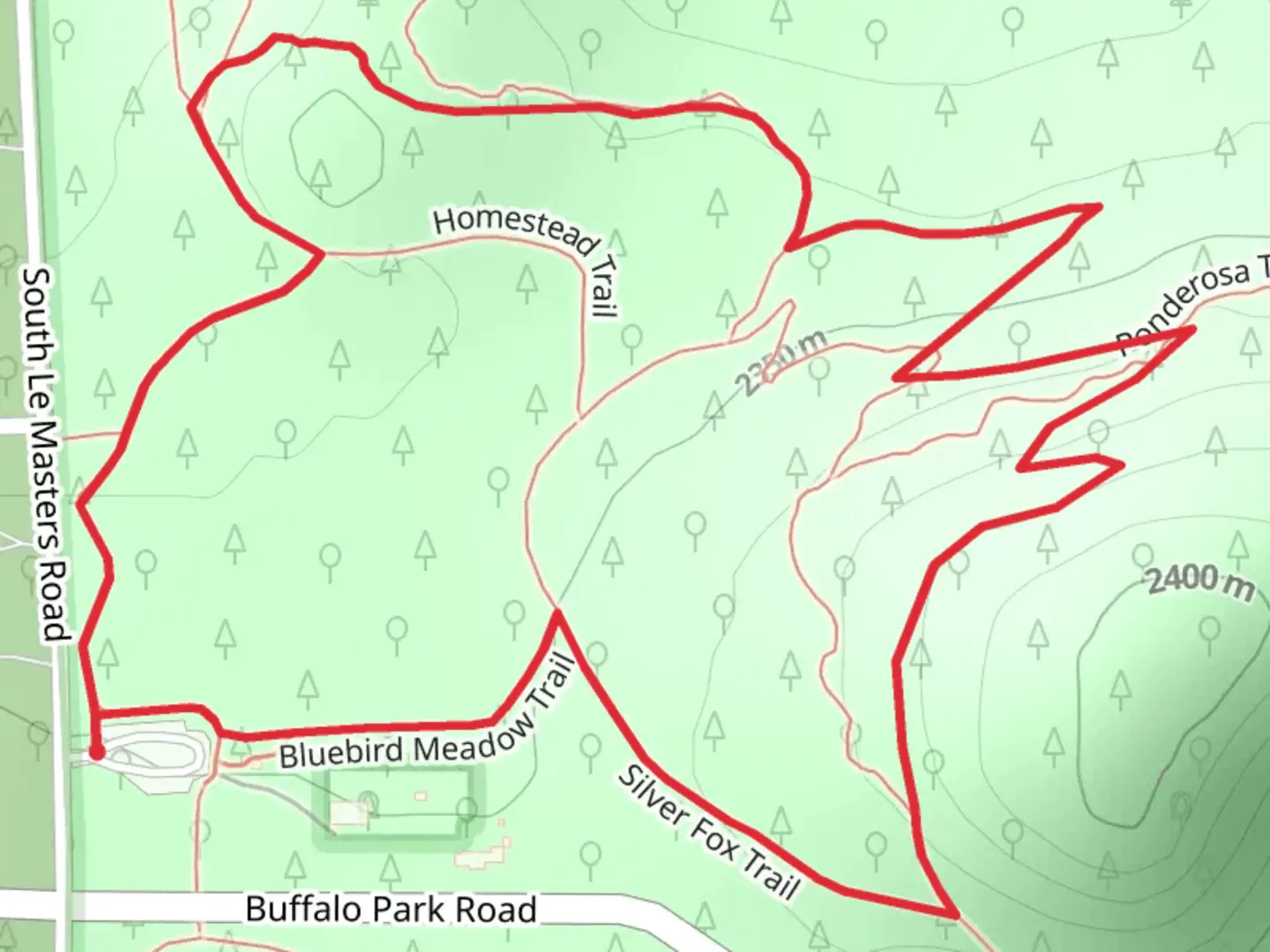 An image depicting the trail Ponderosa - Silver Fox - Homestead Loop Trail and its surrounding area.