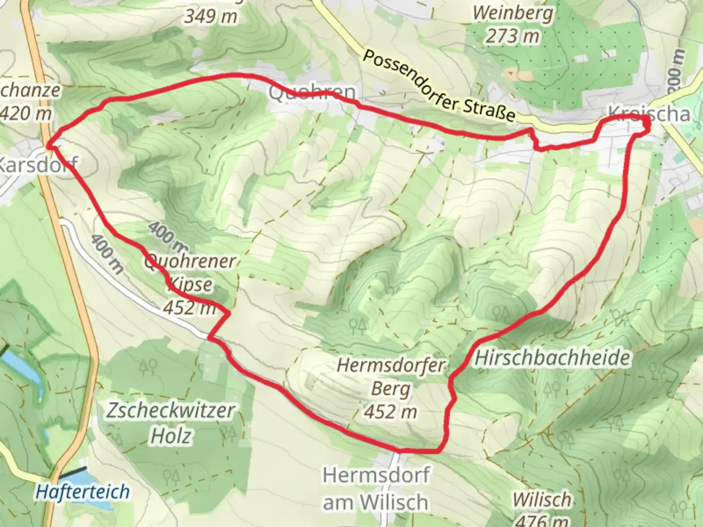An image depicting the trail Gelber Punkt and Rungweg B Kreischa and its surrounding area.