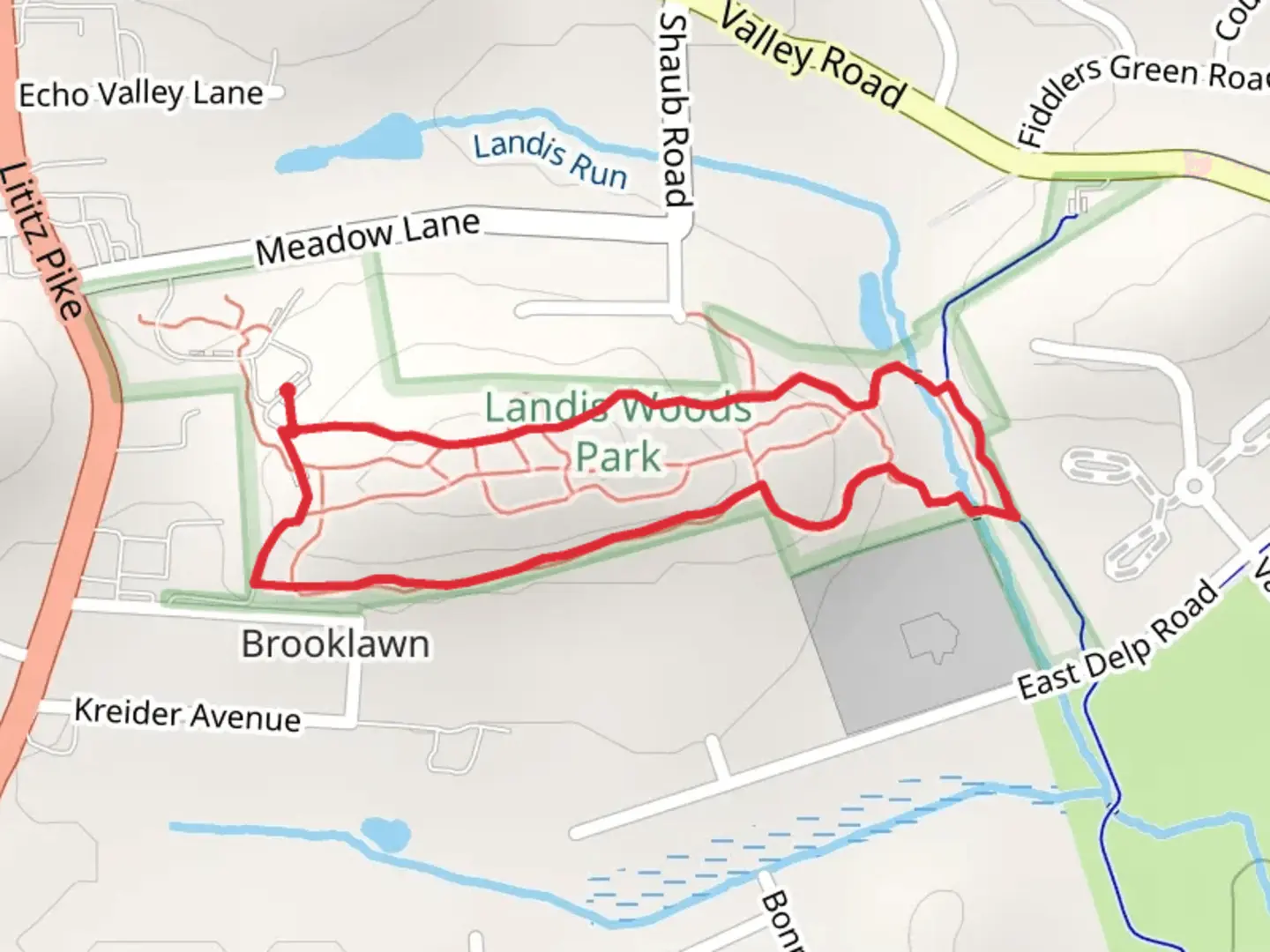 An image depicting the trail Landis Run Loop via Brooklawn and its surrounding area.