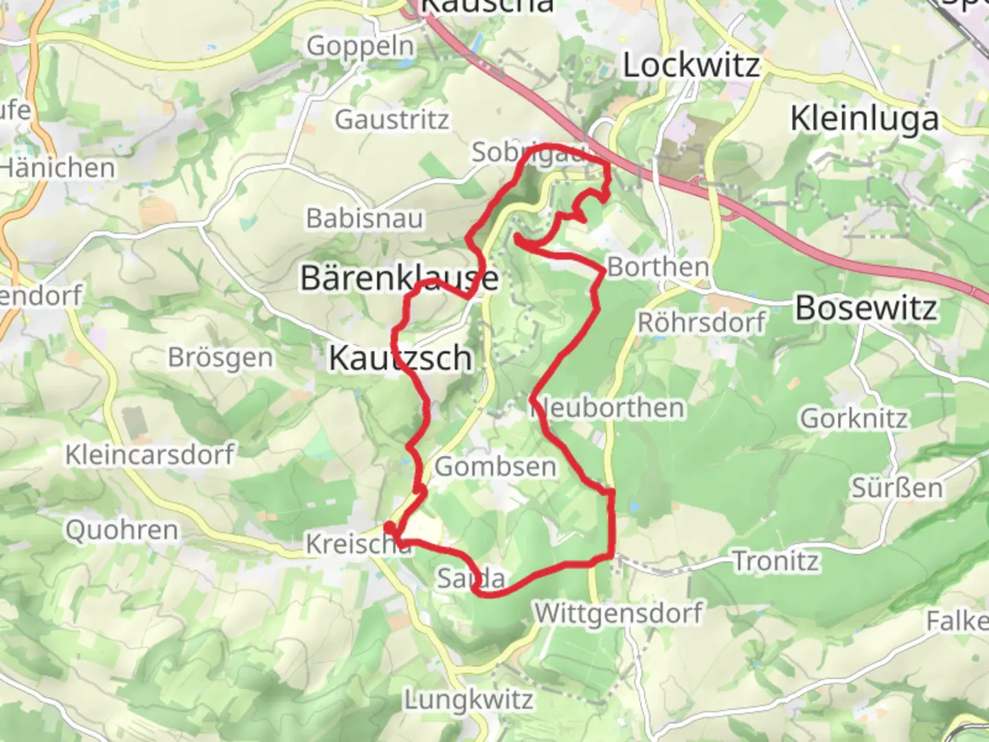 An image depicting the trail Kreischa and Hummelmuhle Loop and its surrounding area.