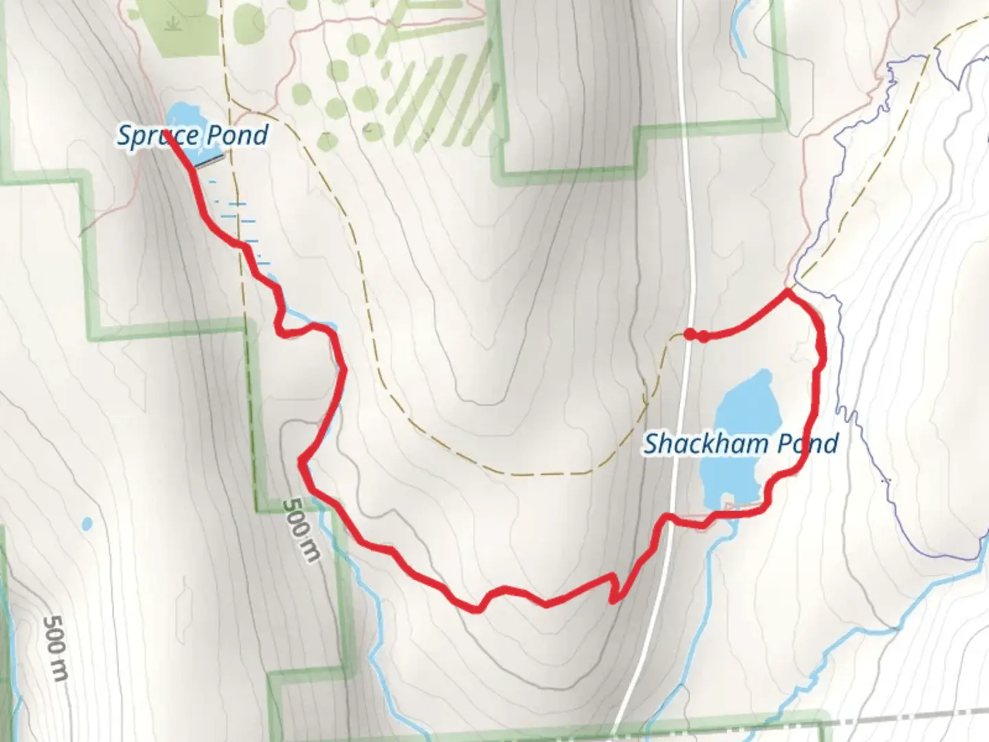 An image depicting the trail Shackham Pond to Spruce Pond via Onondaga Trail and its surrounding area.
