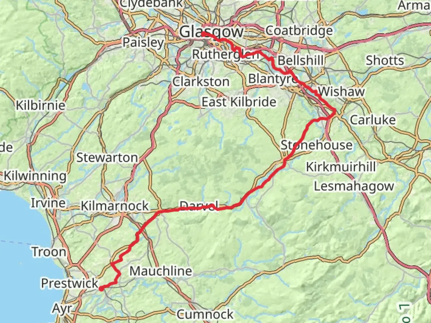 An image depicting the trail Glasgow to lanark to Strathaven and home and its surrounding area.