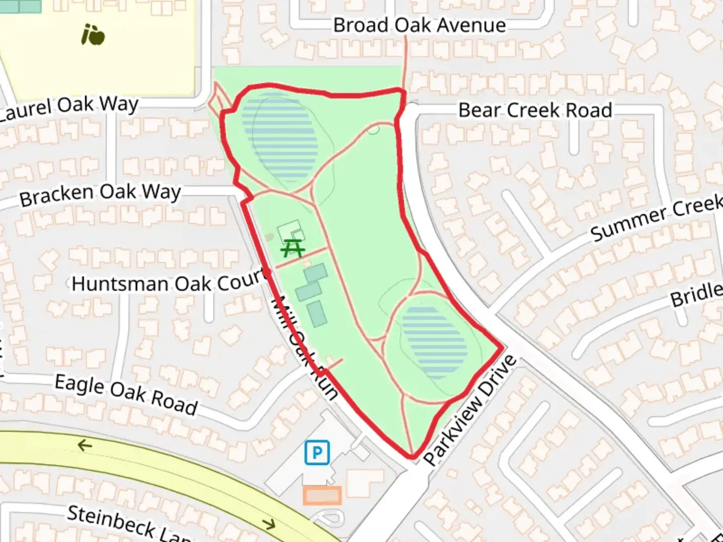 An image depicting the trail Pin Oak Park Loop and its surrounding area.