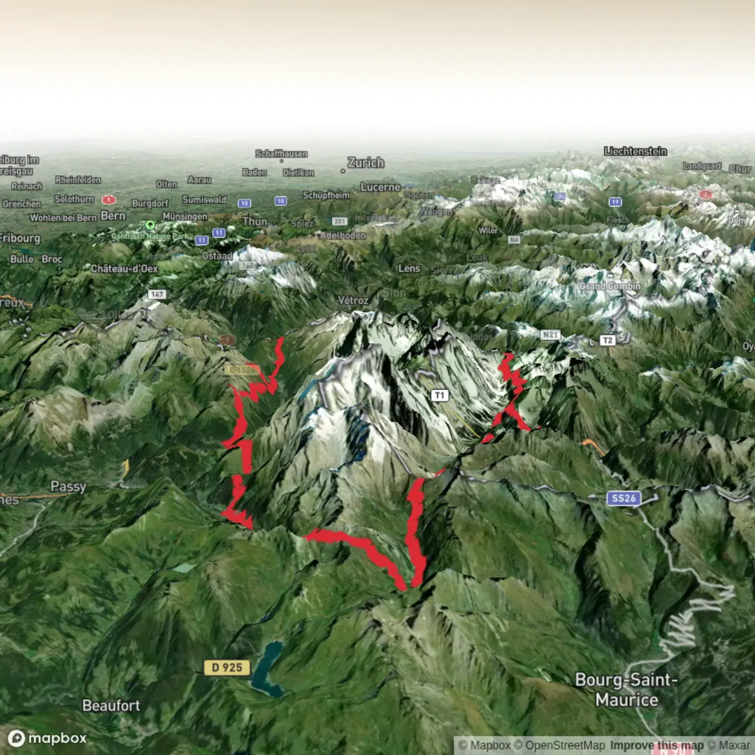 An image depicting the trail Tour de Mont Blanc (WIth Campsites) and its surrounding area.