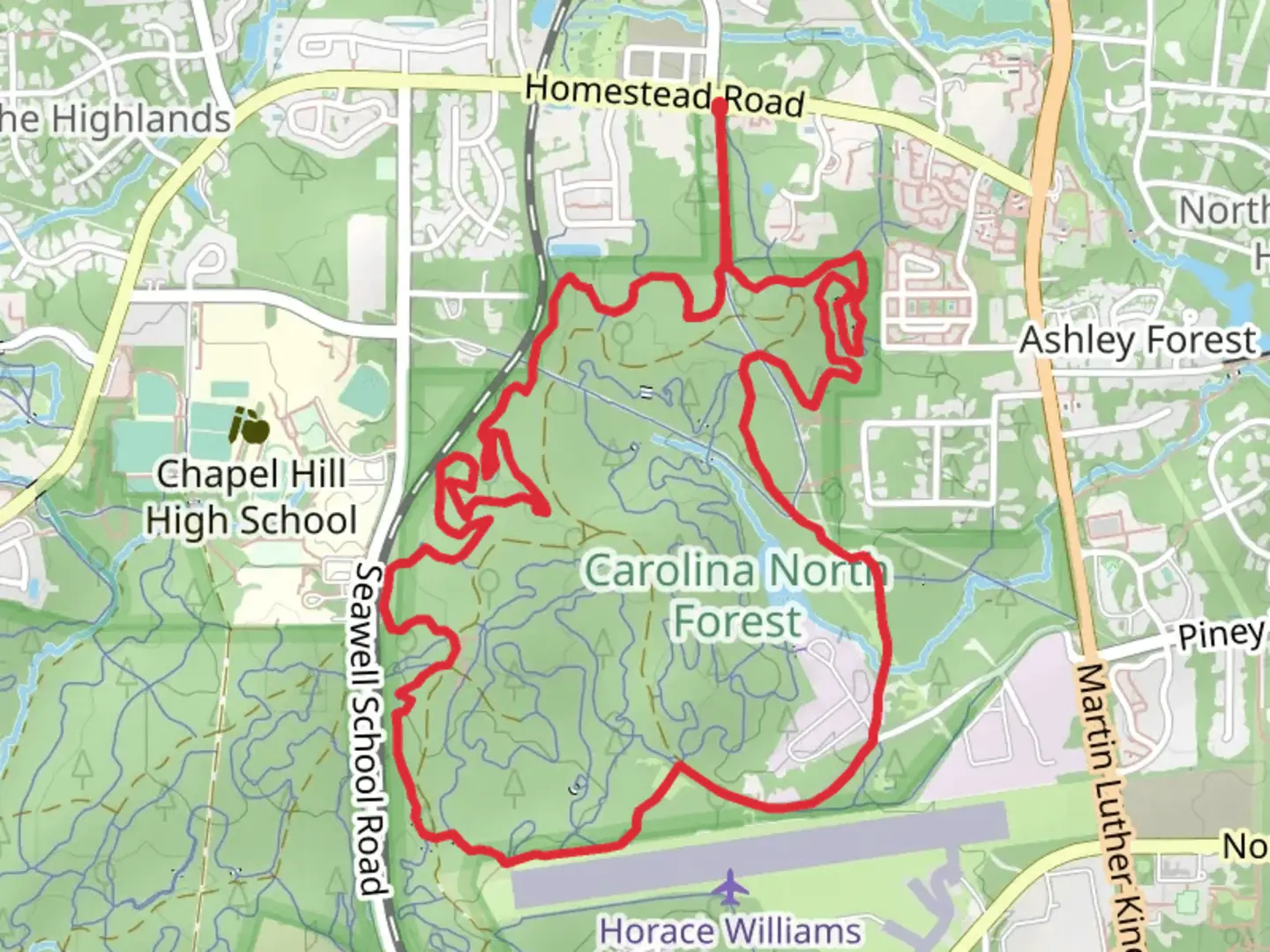 An image depicting the trail Horrace Williams Trail and Neverland Outer Loop and its surrounding area.