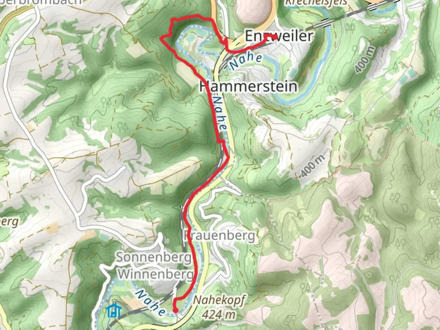 An image depicting the trail Enzweiler to Sonnenberg and Winnenberg Walk via River Nahe and its surrounding area.