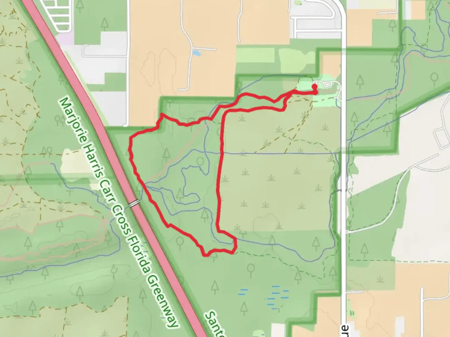 An image depicting the trail Florida Loop Trail from Southwest 16th Avenue and its surrounding area.