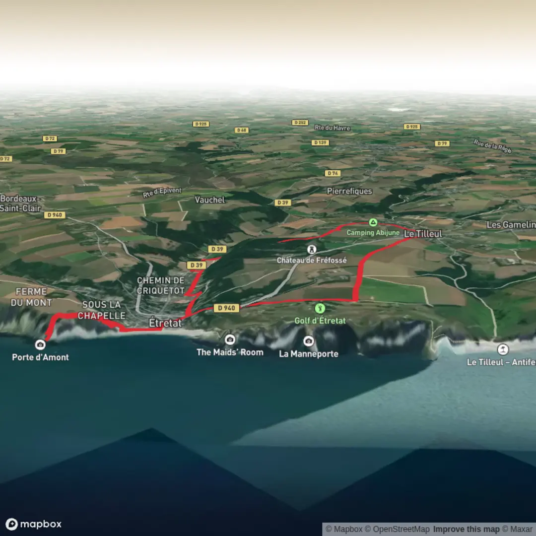 An image depicting the trail Camping Abijune to Étretat and its surrounding area.