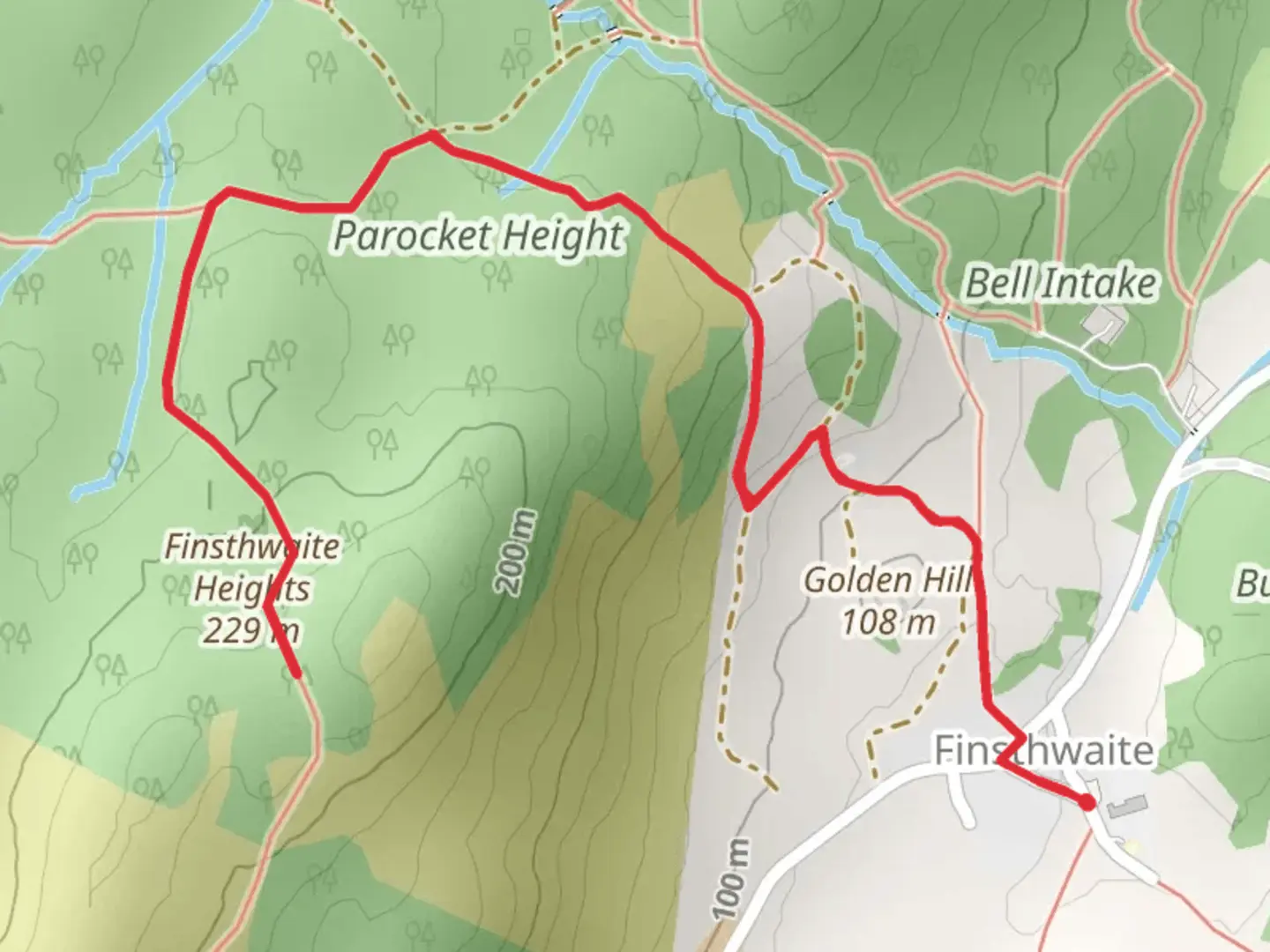 An image depicting the trail Parocket Height and Finsthwaite Heights Walk and its surrounding area.