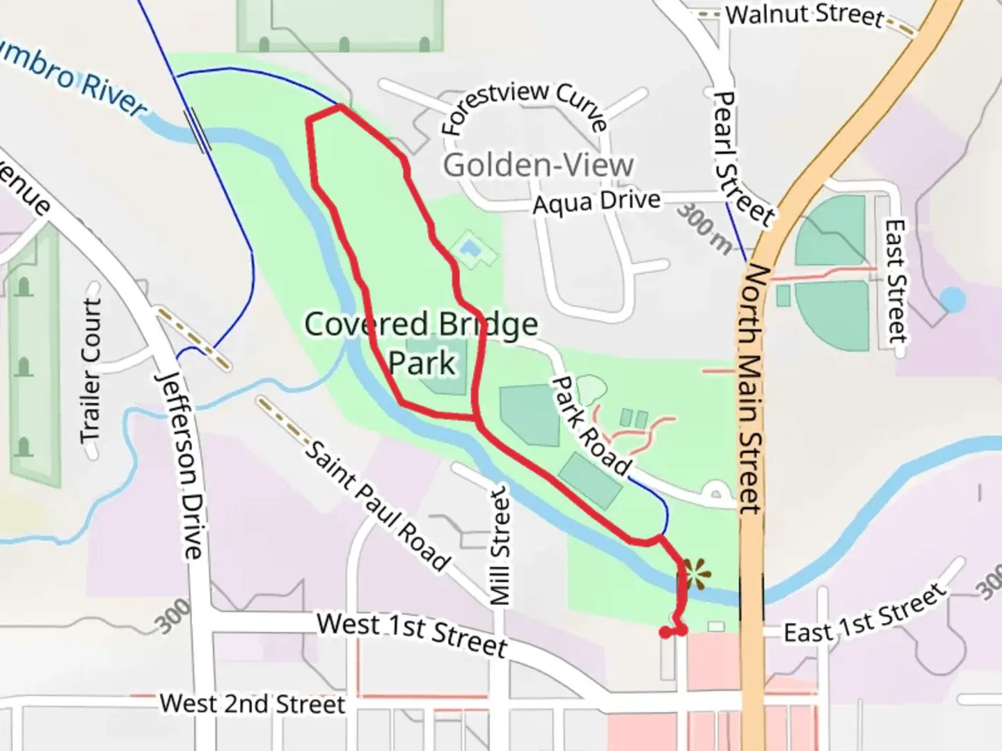 An image depicting the trail Covered Bridge Park Loop via Goodhue Pioneer State Trail and its surrounding area.
