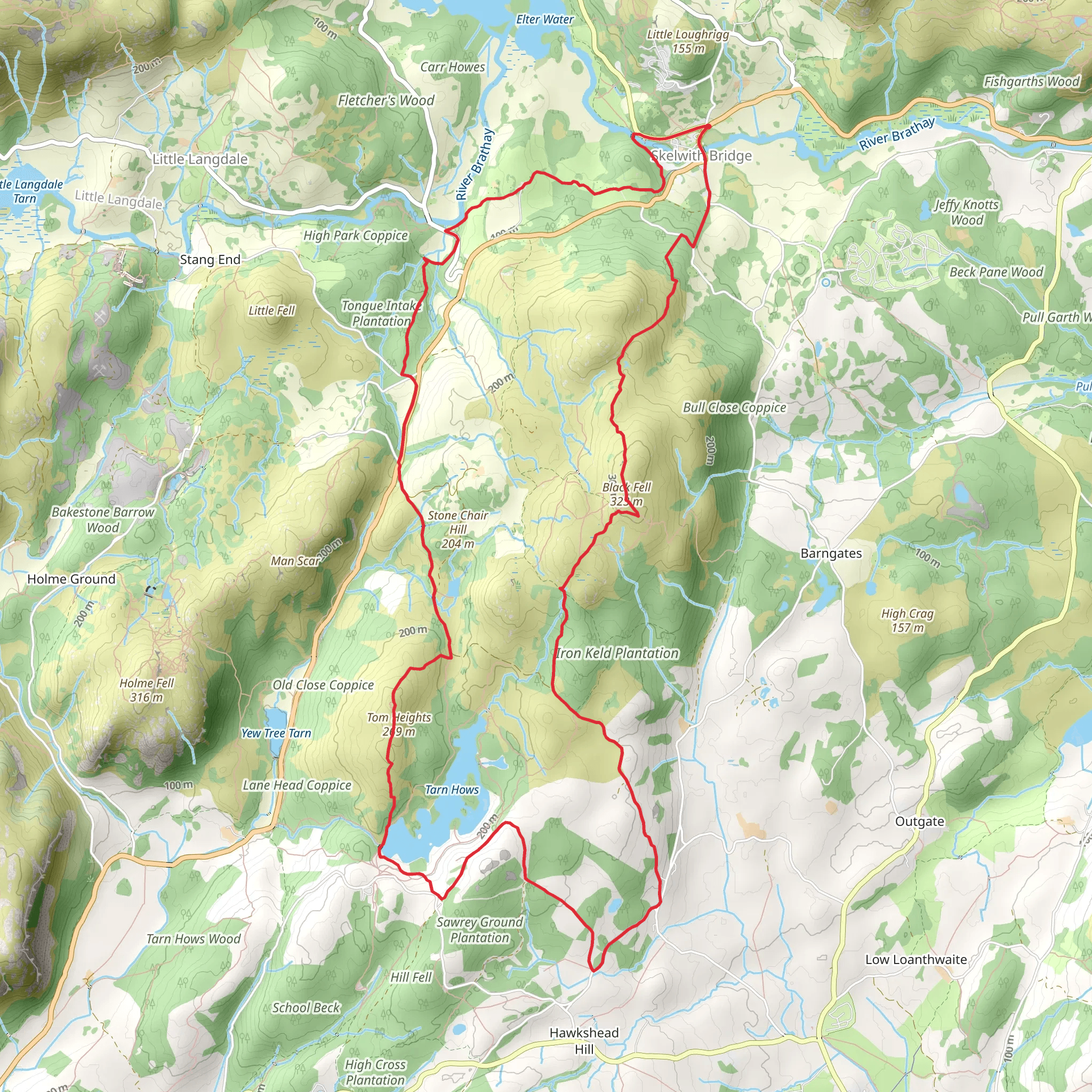 Tom Heights, Tarn Hows and Black Crag Loop - Skelwith Bridge mobile static map