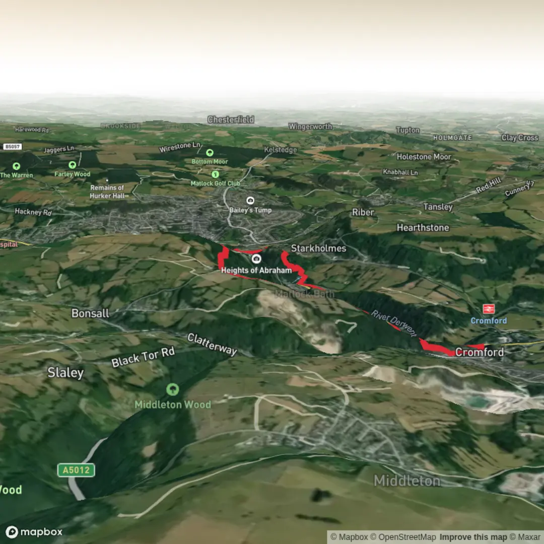 An image depicting the trail Matlock - Cromford - Heights of Abraham Loop and its surrounding area.