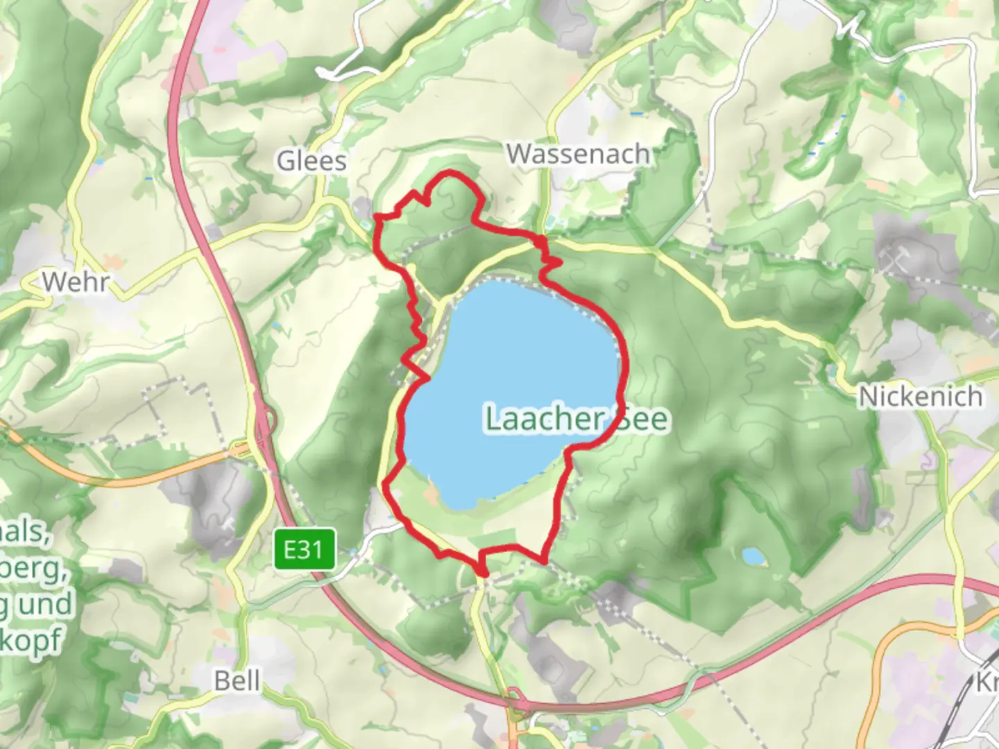An image depicting the trail Laacher See via Maas Rhein Weg and Glees 2 and its surrounding area.