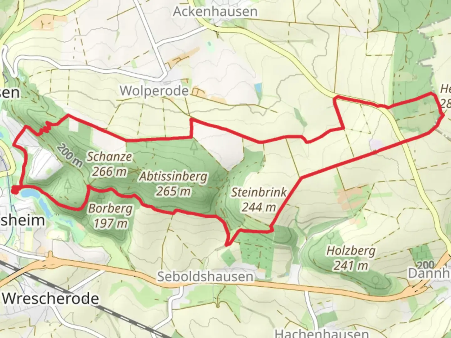 An image depicting the trail Grosser Osterberg via Heberweg and Hochbehaetter and its surrounding area.