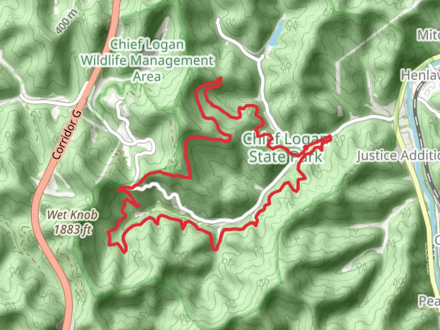 An image depicting the trail Loop around Little Buffalo Creek Road and its surrounding area.