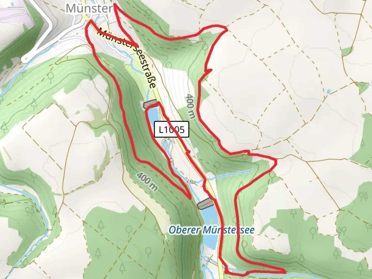 An image depicting the trail Oberer Munstersee, Krauselberg and Munstersee Loop and its surrounding area.