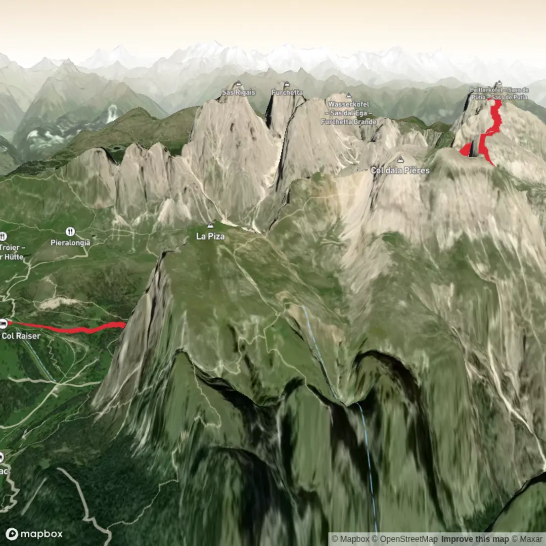 An image depicting the trail Hike 14 - Col_Raiser__Via_Ferrata_Piz_Duleda and its surrounding area.