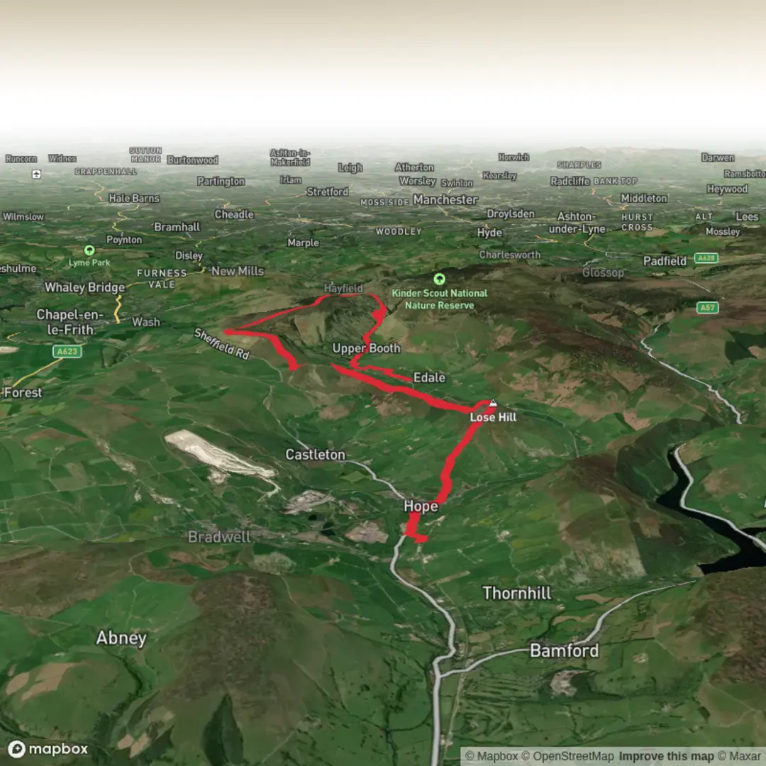 An image depicting the trail Hope to Edale via Hollins Cross and Lord's Seat and its surrounding area.