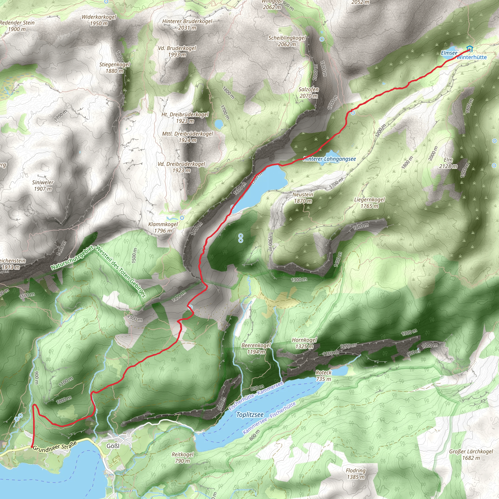 Lahngang Lakes and Pühringer Hut from Lake Grundlsee mobile static map