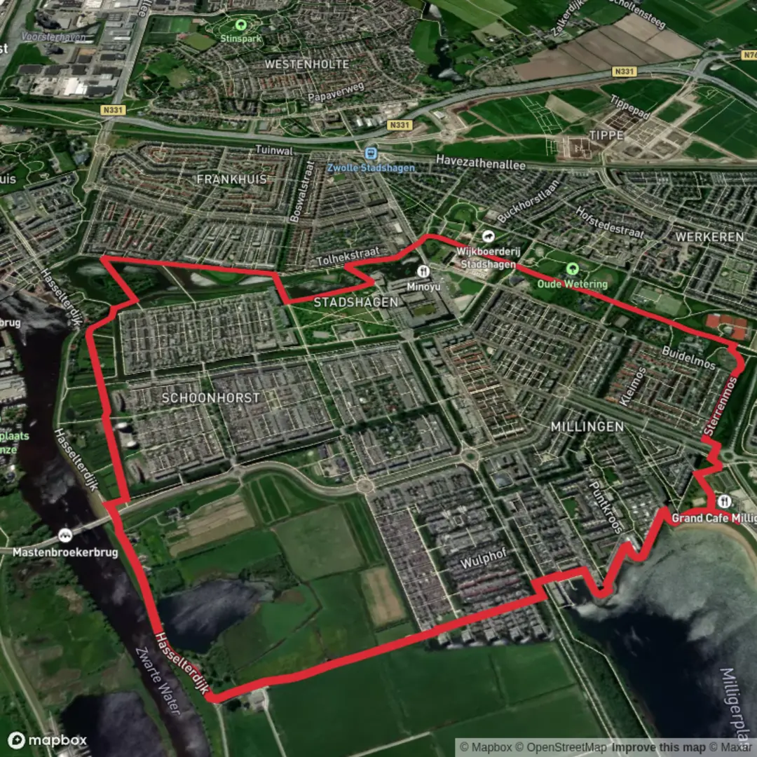 An image depicting the trail Stadskolk via Rondje Zwolle and Twistvlietpad and its surrounding area.