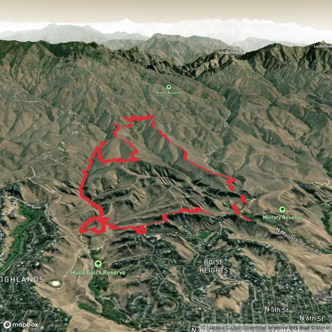 An image depicting the trail Freestone Ridge, Sidewinder, Lower Hulls Gulch and Kestrel Loop and its surrounding area.