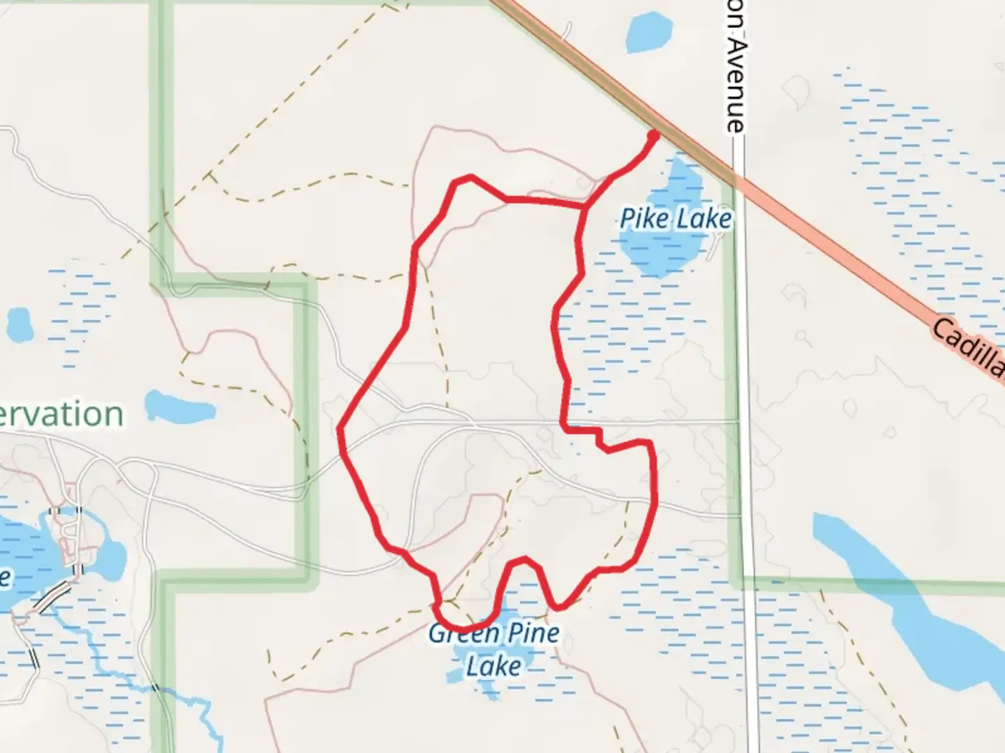 An image depicting the trail Geen Pine Lake Loop and its surrounding area.