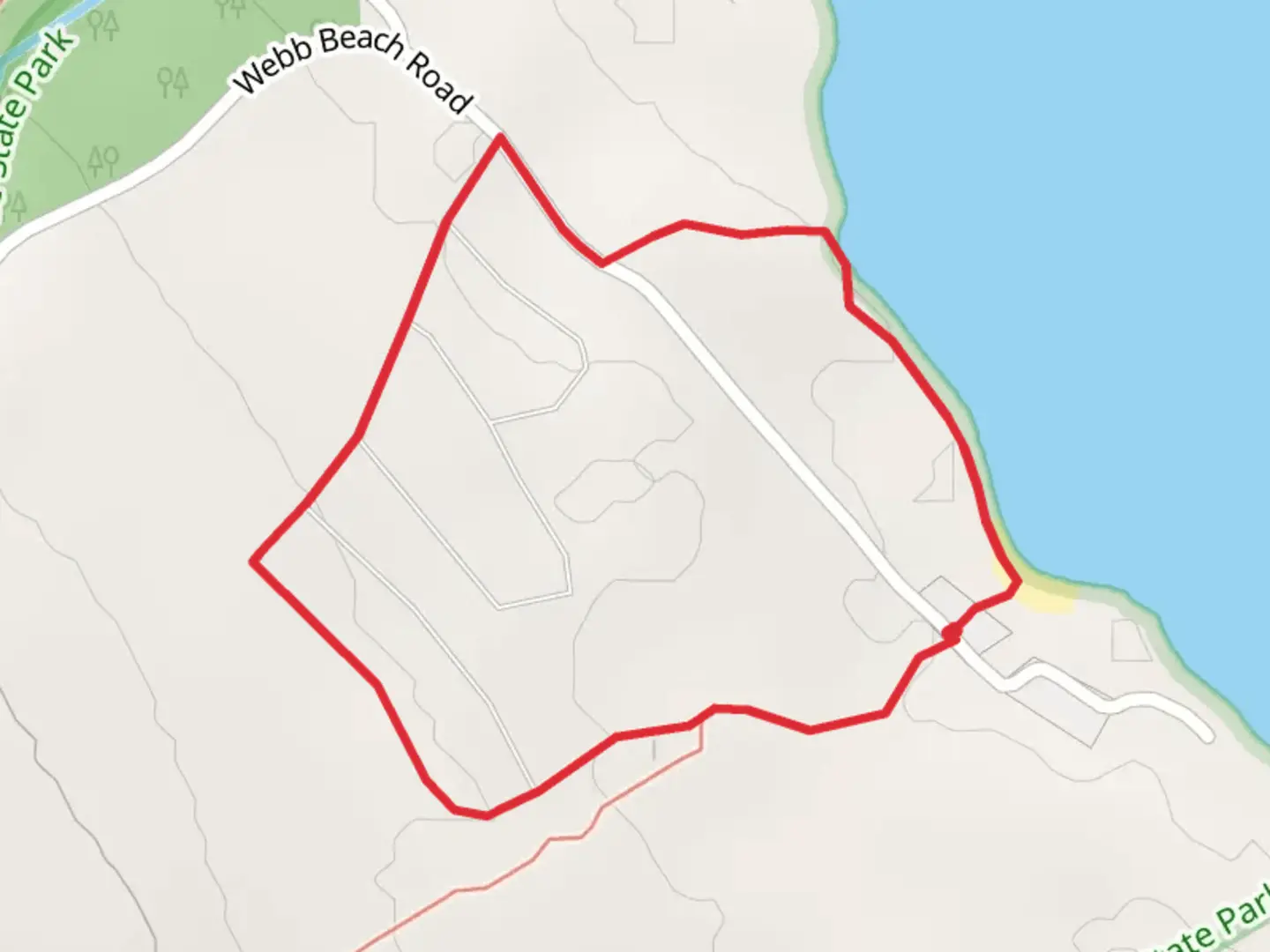 An image depicting the trail Webb Beach Road Loop and its surrounding area.