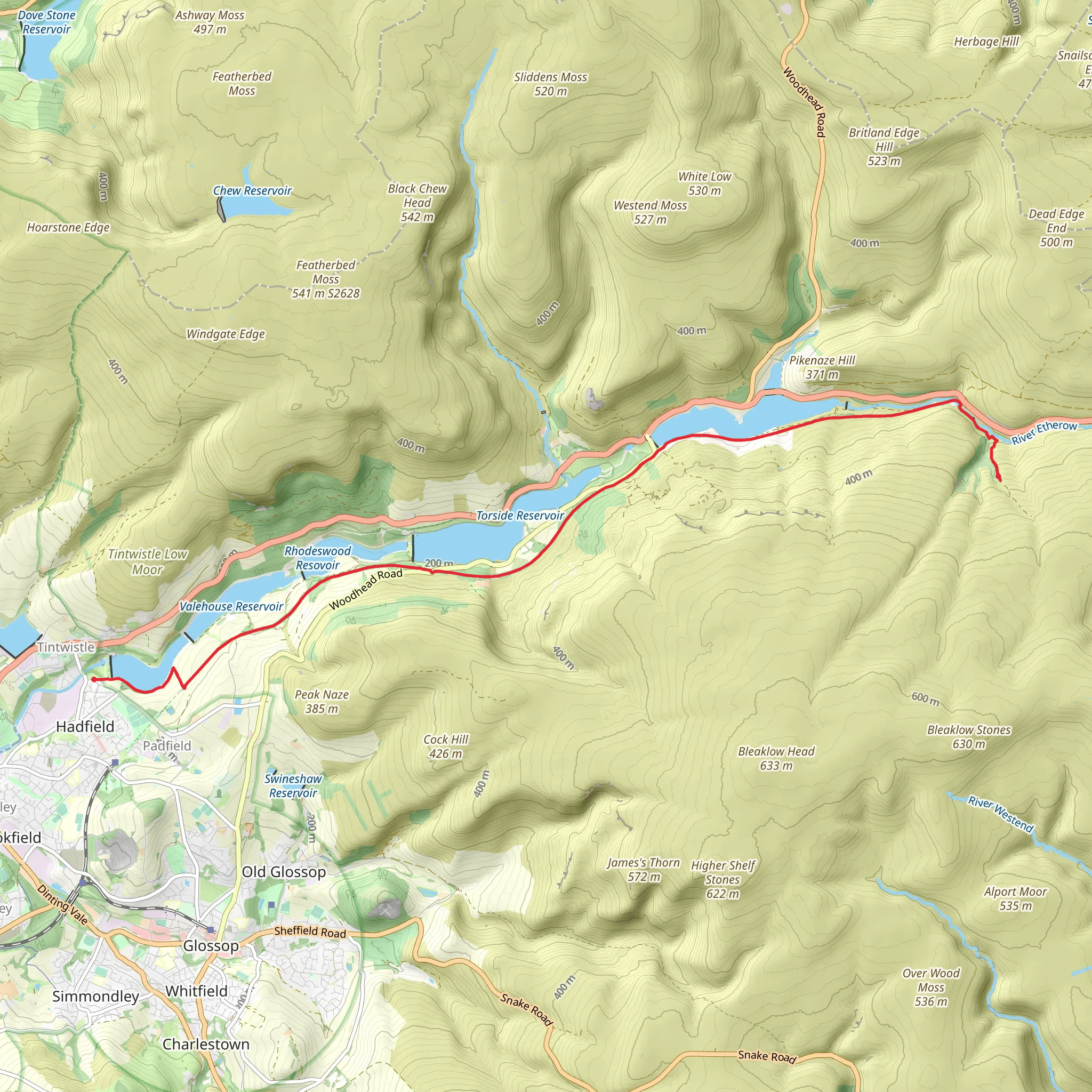 Tintwistle to Middle Black Clough Waterfall mobile static map