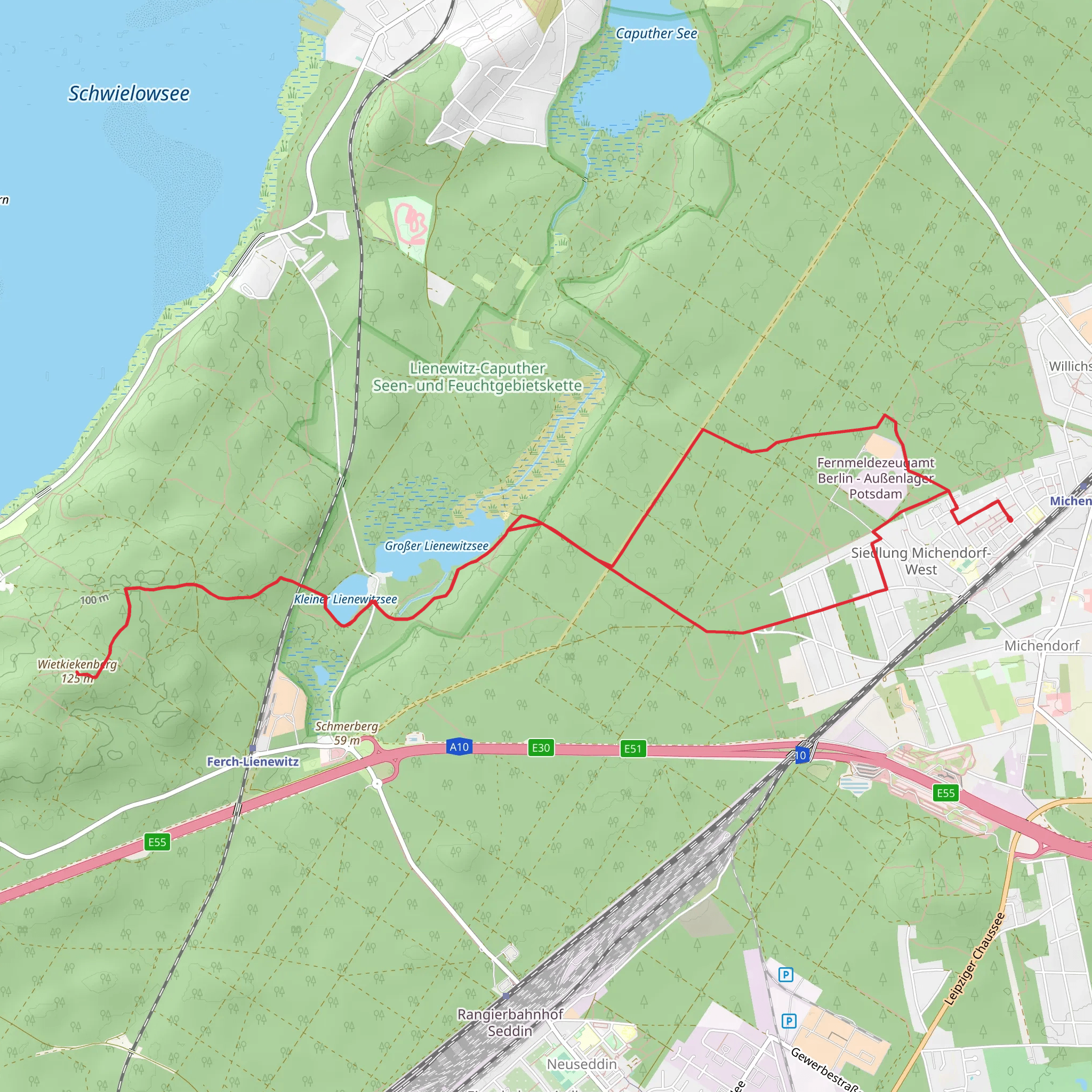 Wietkiekenberg, Großer Lienewitzsee and Kleiner Lienewitzsee via Seen Wanderweg mobile static map