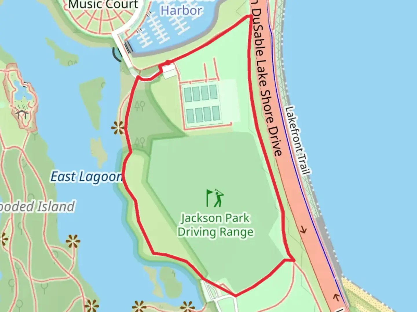An image depicting the trail Jackson Park Driving Range Loop and its surrounding area.