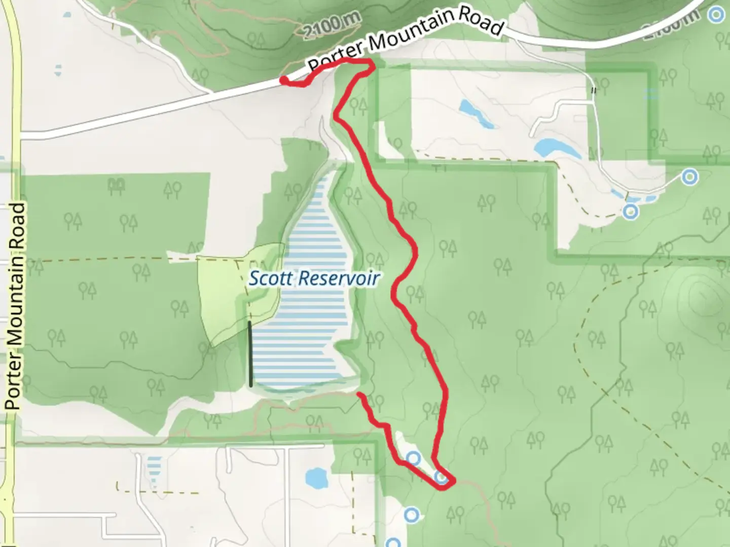 An image depicting the trail Scott Reservoir via Osprey Connector Trail and its surrounding area.