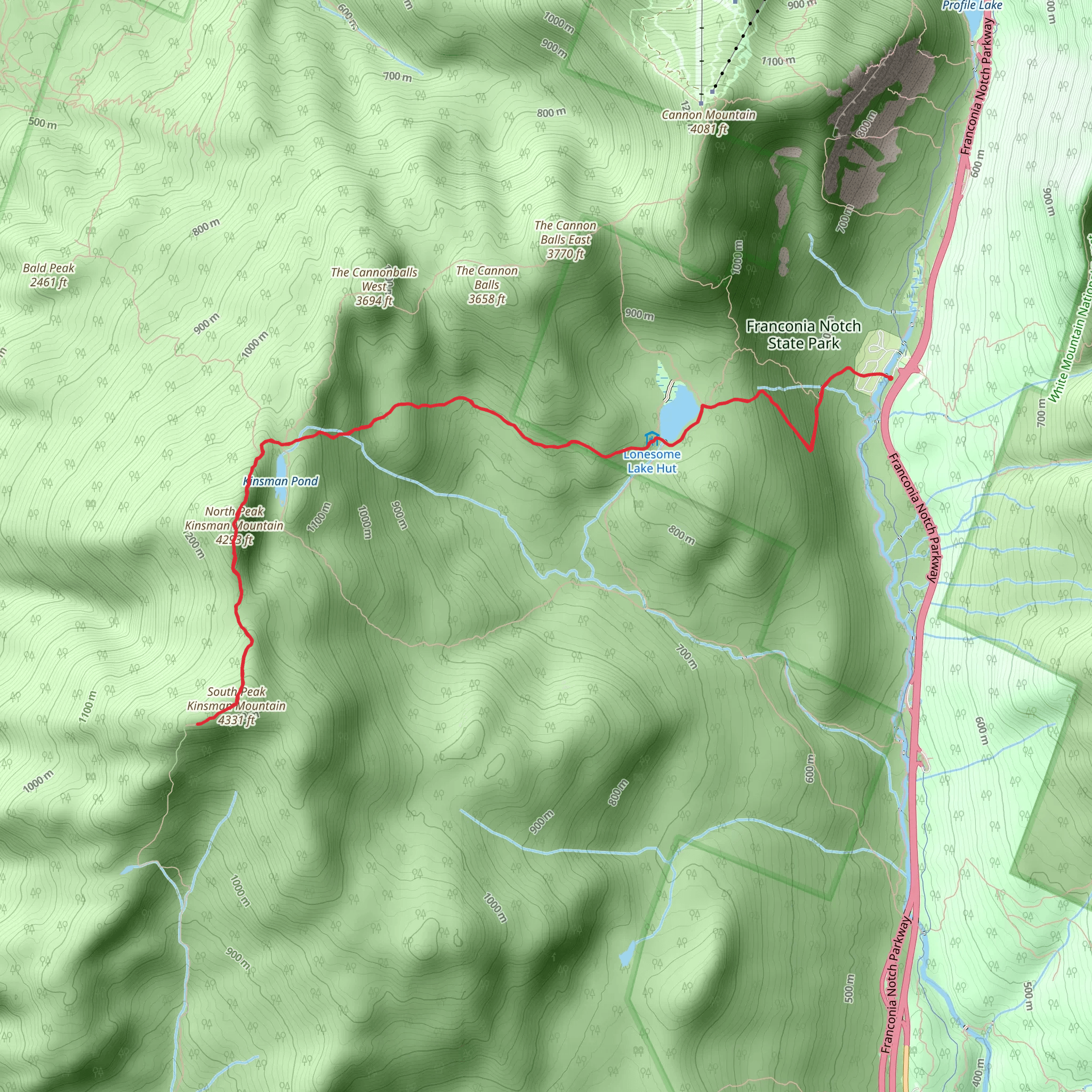 North and South Peak Kinsman Mountain Trail via Lonesome Lake mobile static map