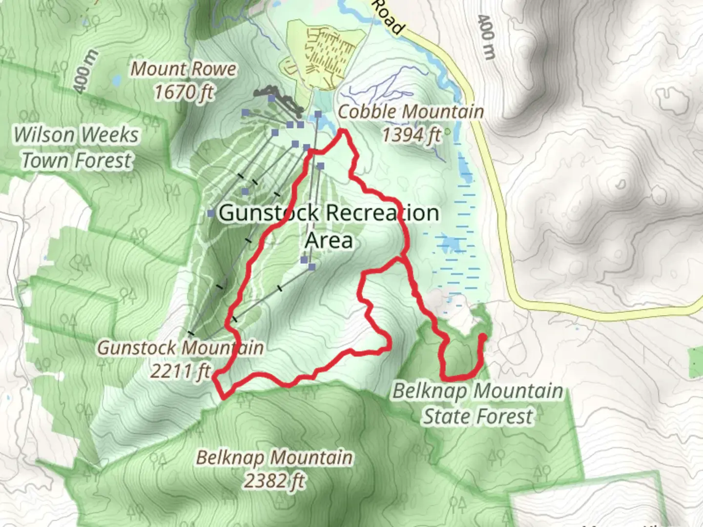 An image depicting the trail Overlook Trail and Maple trail Loop via Round Pond Trail and its surrounding area.