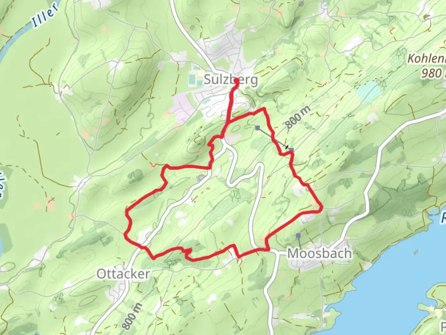 An image depicting the trail Heinrichweg 2 and Sulzberg Loop and its surrounding area.