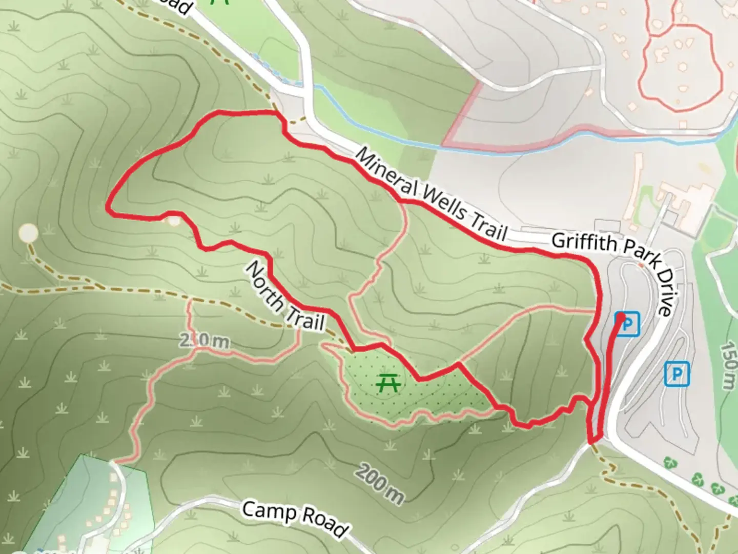 An image depicting the trail North Trail and Mineral Wells Trail Loop and its surrounding area.