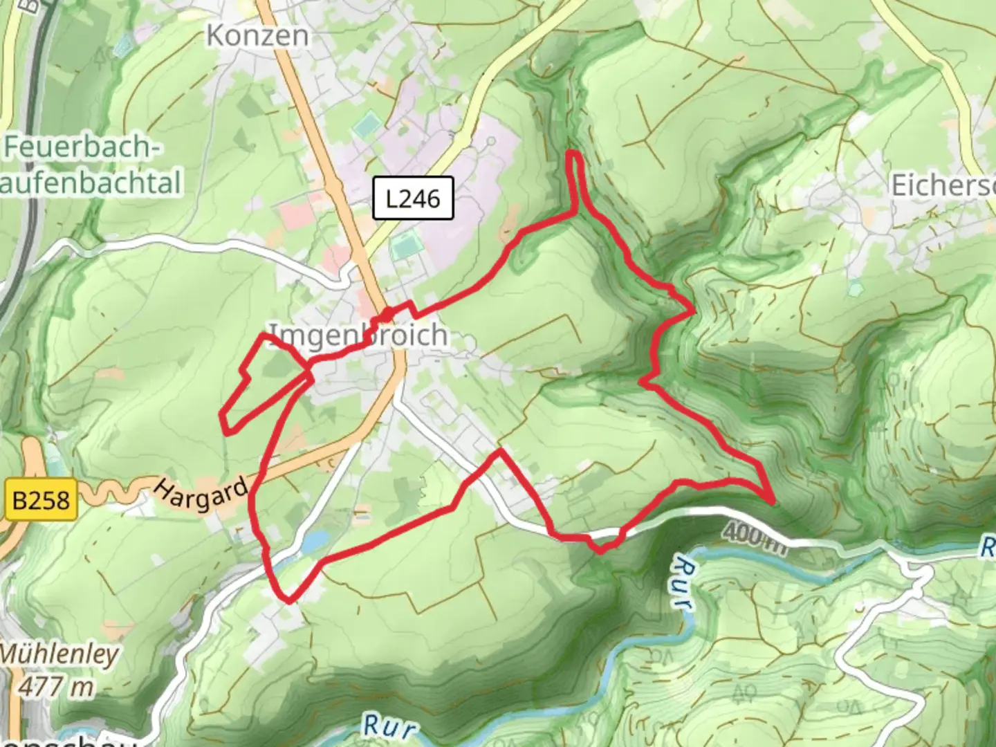 An image depicting the trail Belgenbachtal and Eifelblick Knoepp via Unterwegs in Imgenbroich and its surrounding area.