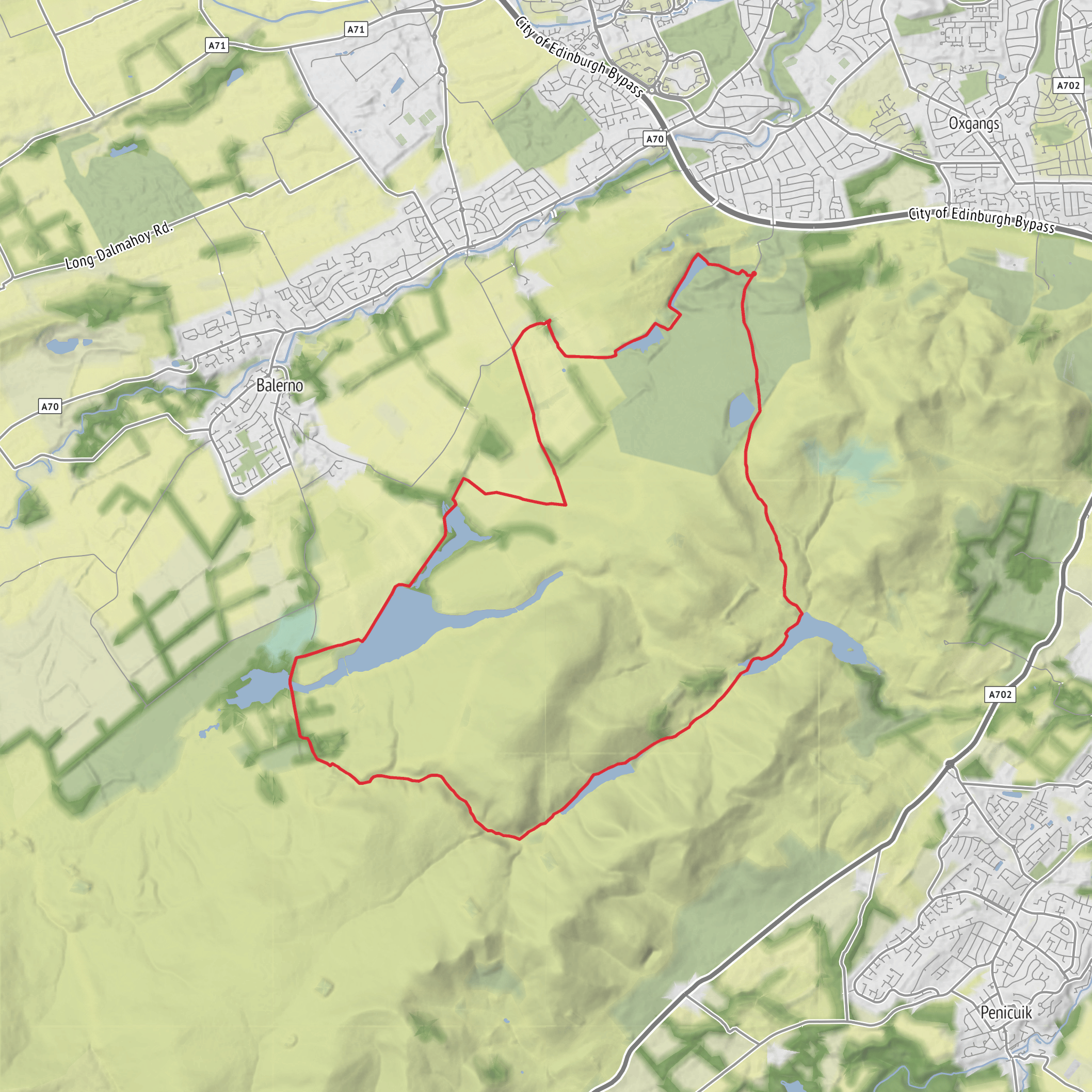Glencorse Reservoir, Loganlee Reservoir, Threipmuir Reservoir, Harlaw Reservoir and Clubbiedean Reservoir Loop mobile static map