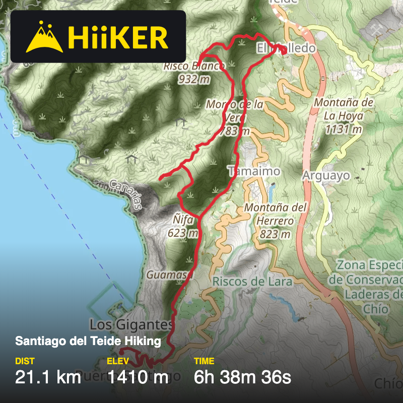 A map preview of the recording Los Gigantes to Risco Blanco and back.