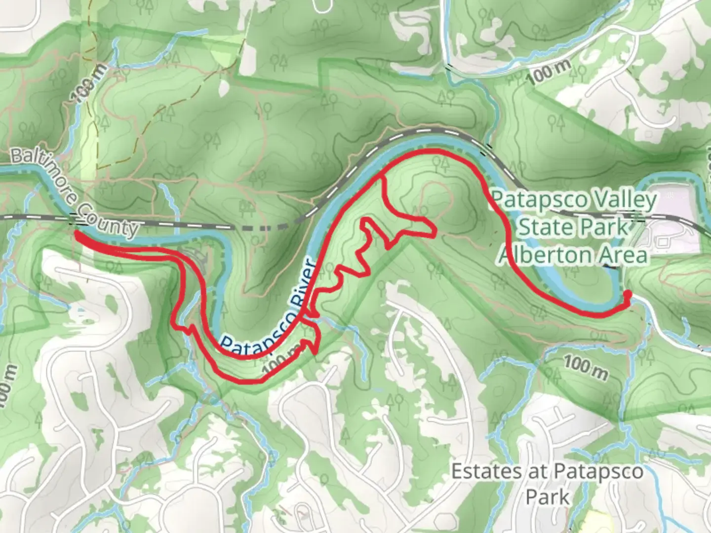 An image depicting the trail Patapsco Howard County Thru and Daniel's Singletrack Loop Trail and its surrounding area.
