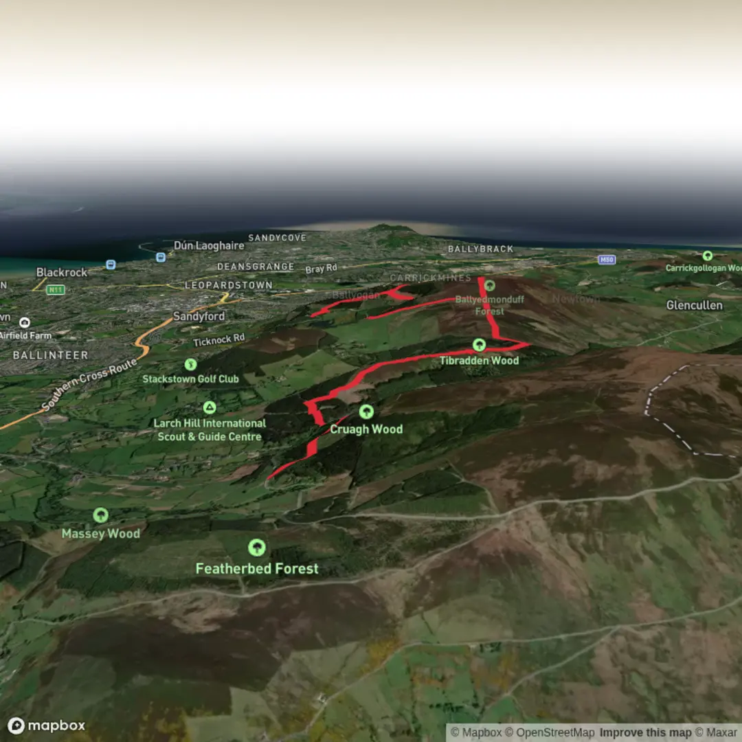 An image depicting the trail Cruagh to Fairy Castle and Ticknock and its surrounding area.