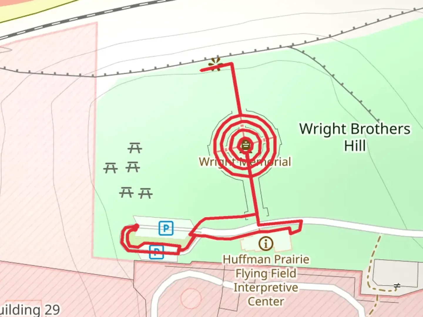 An image depicting the trail Wright Brothers Hill and its surrounding area.