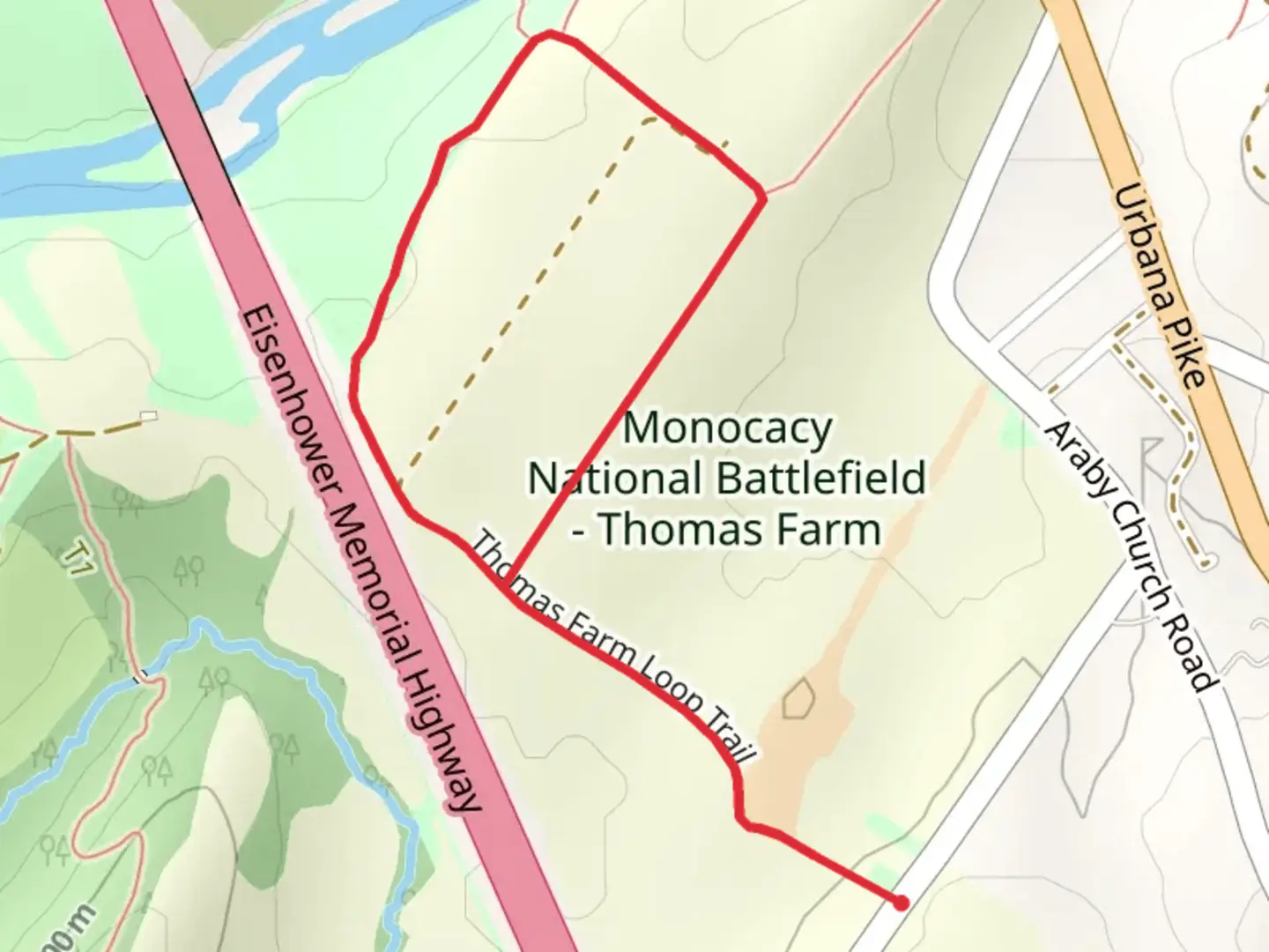 An image depicting the trail Monocacy National Battlefield - Thomas Farm Loop and its surrounding area.