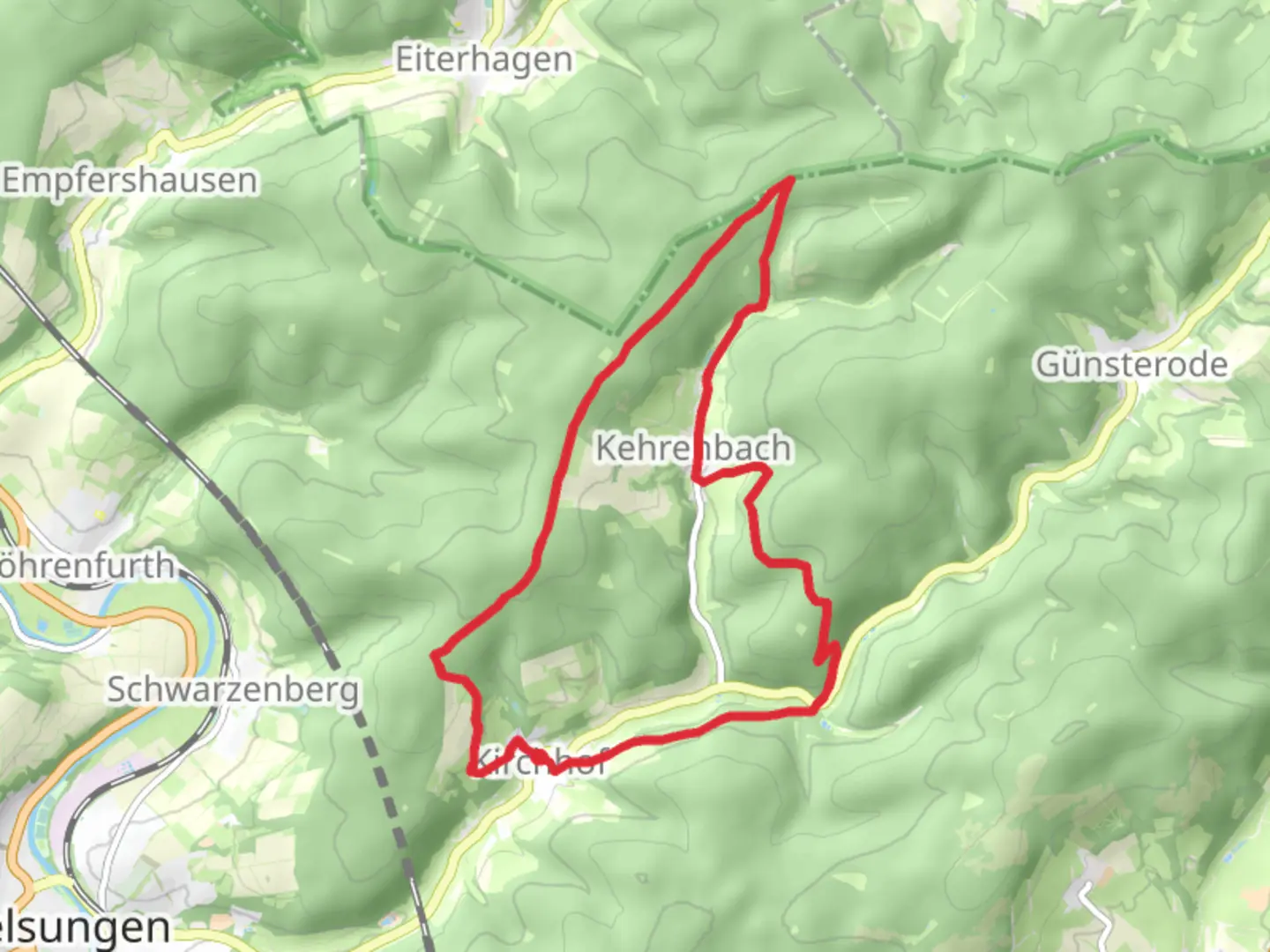 An image depicting the trail Kirchhoefer Rundweg and Saelzerweg and its surrounding area.