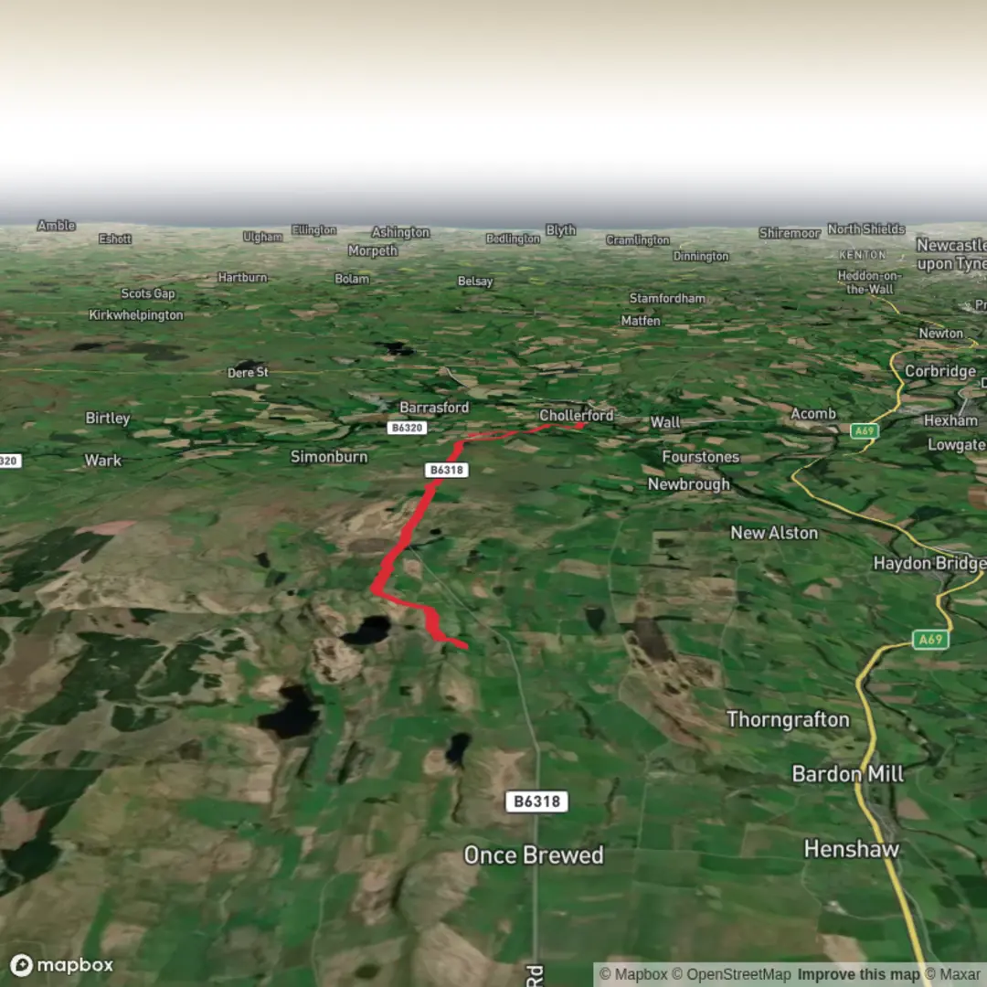 An image depicting the trail Housteads to Chesters Roman Fort and Greencarts Campsite and its surrounding area.