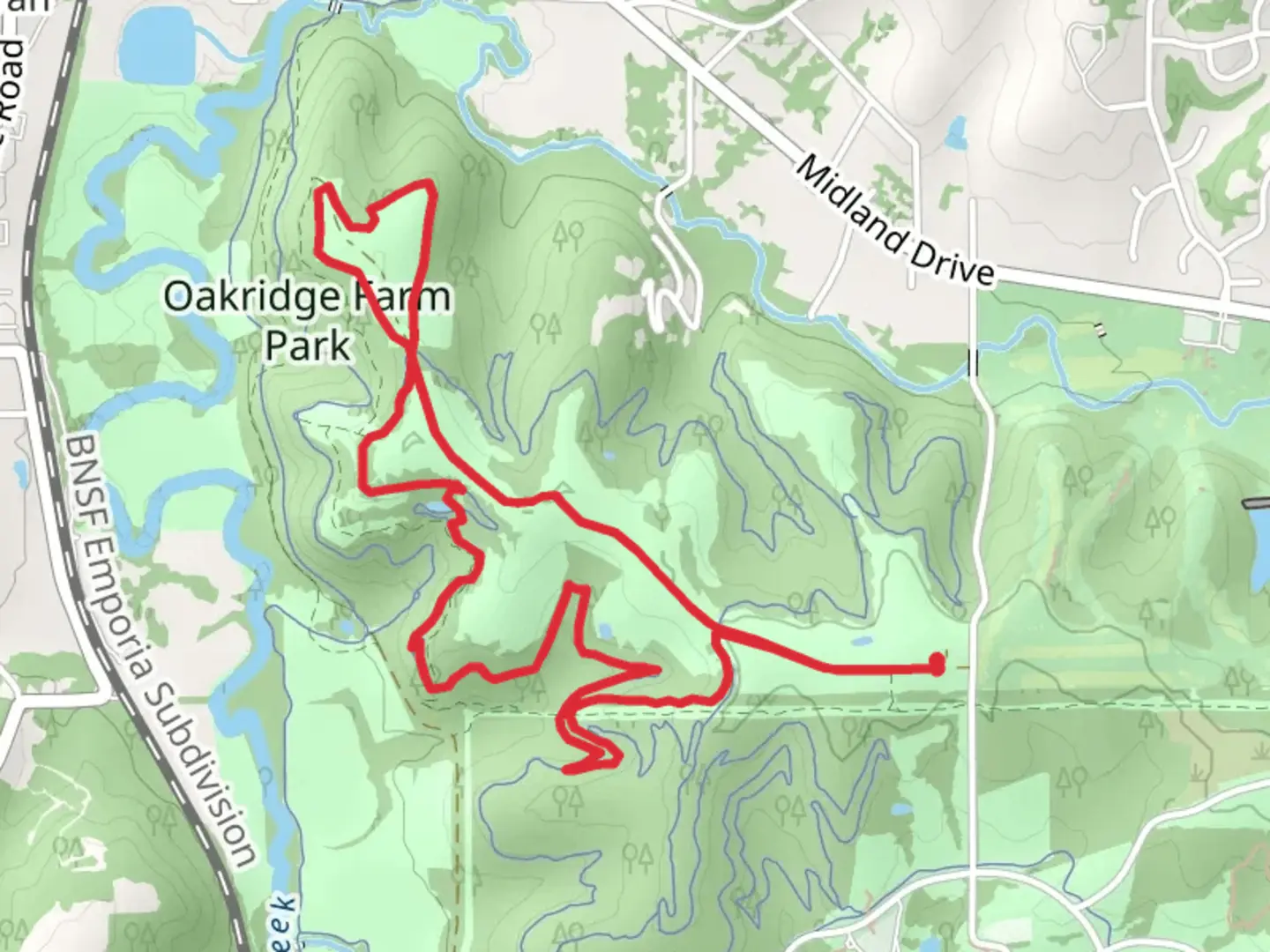 An image depicting the trail Access Road, Red and Violet Loop Trail and its surrounding area.