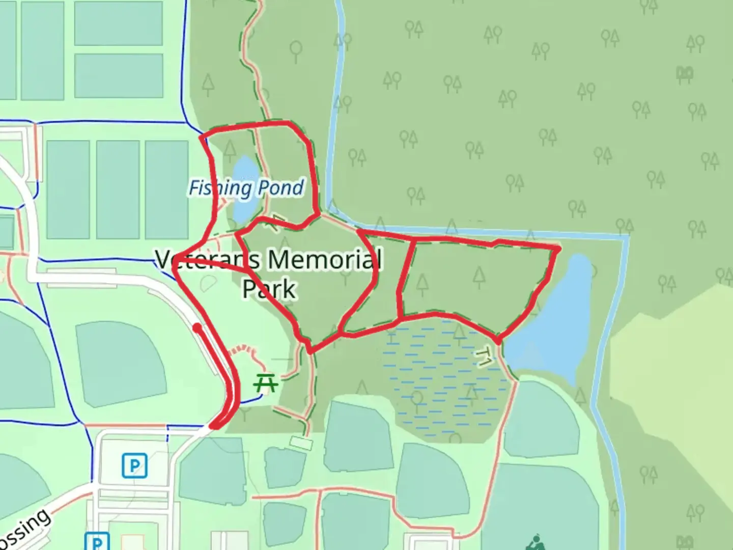 An image depicting the trail Veterans Memorial Park Loop Trail and its surrounding area.